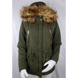 Forever 21 Faux Fur Collar Coat Womens M Military Inspired Parka Hooded Jacket
